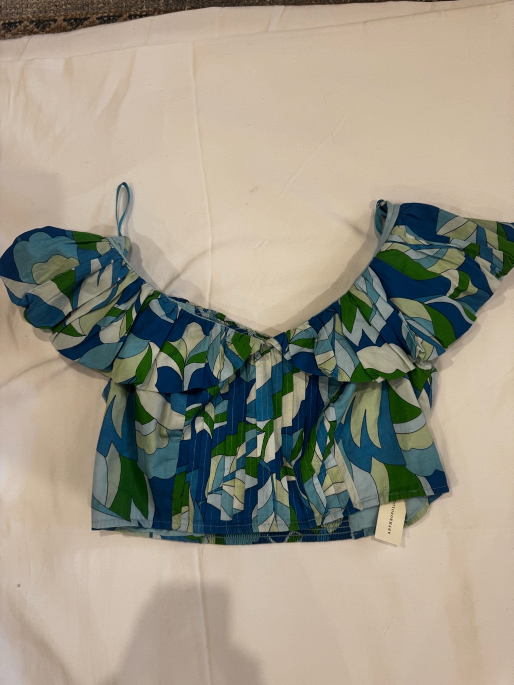 Anthropologie Blue & Green Ruffle Off-Shoulder Crop Top